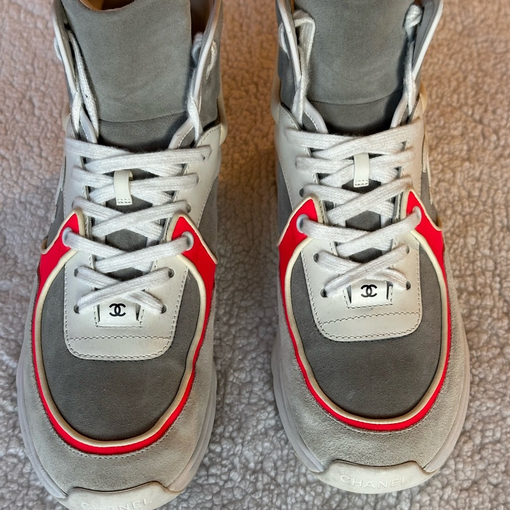 Chanel Red and Gray Athletic Sneakers Size 39.50